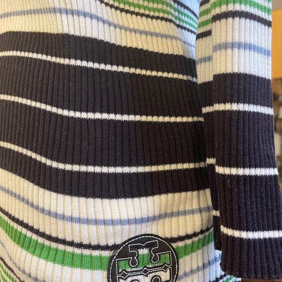 Tory Burch Navy, Green& White striped ribbed 1/4 Zip Top with 3/4 Sleeves Medium - Picture 6 of 8